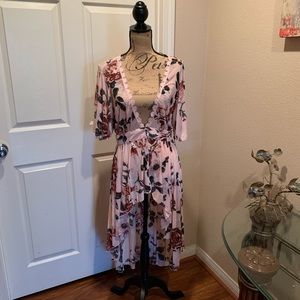 Pink floral mesh hi low Kimono